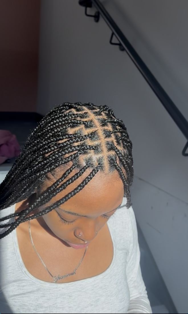 Small knotless braids, viewed from above